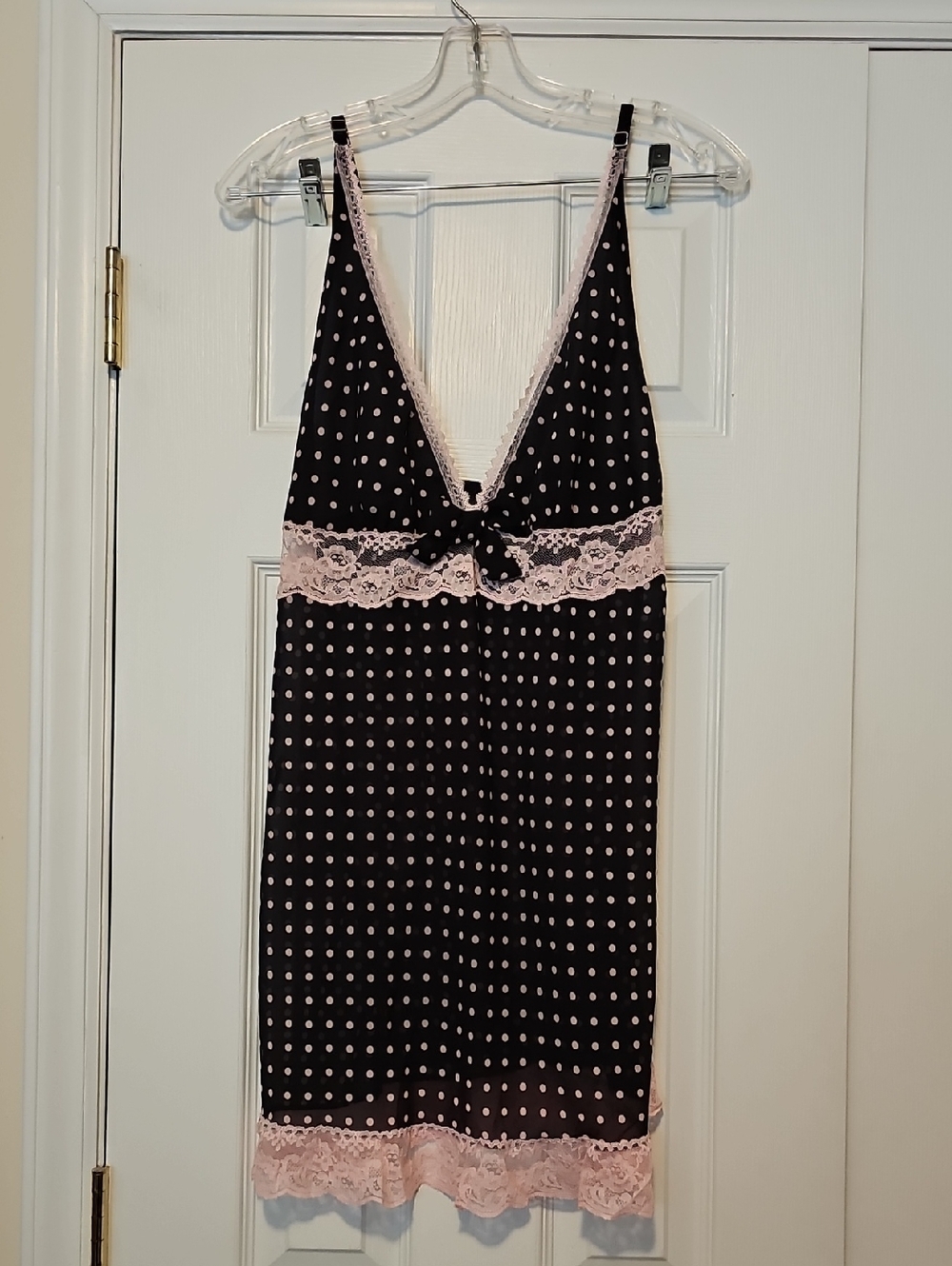 Polka Dot Lace-Trim Chemise in Black and Light Pink